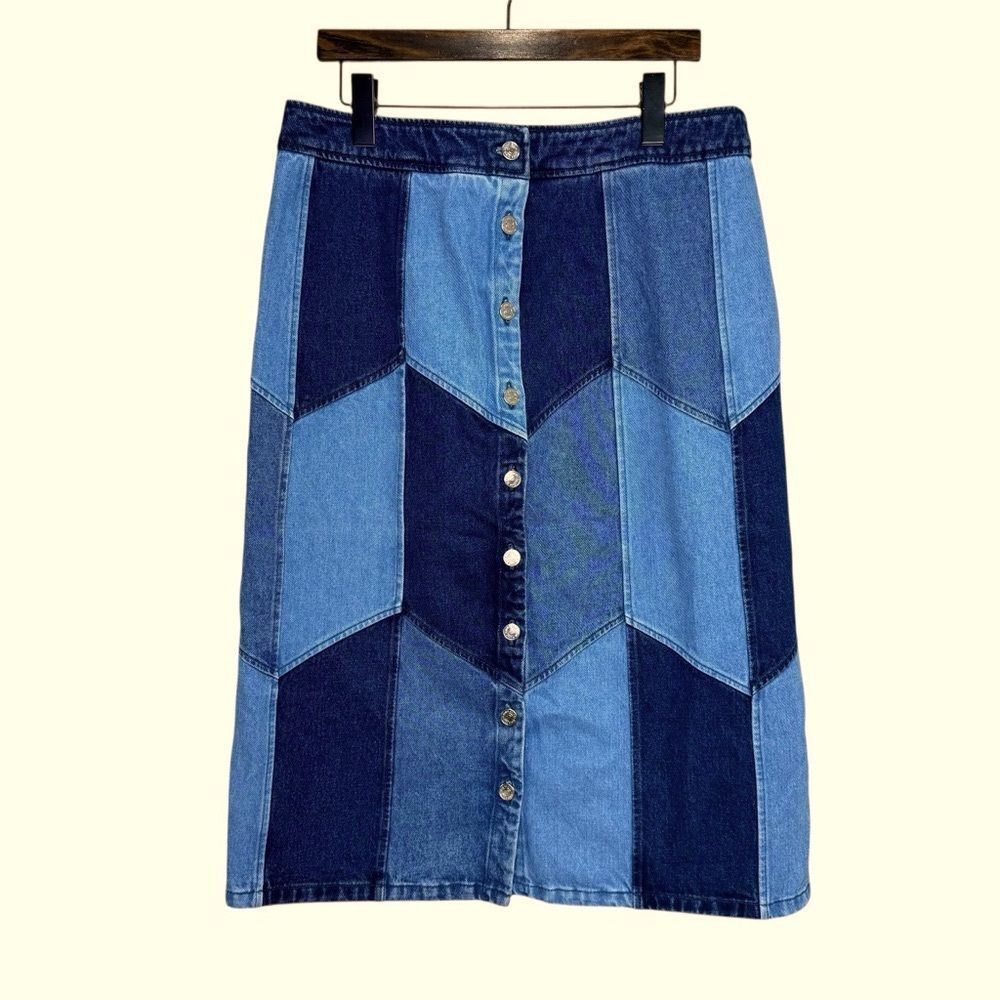 Sezane Alexane Patchwork Denim Midi Skirt Size 14 - Picture 4 of 9
